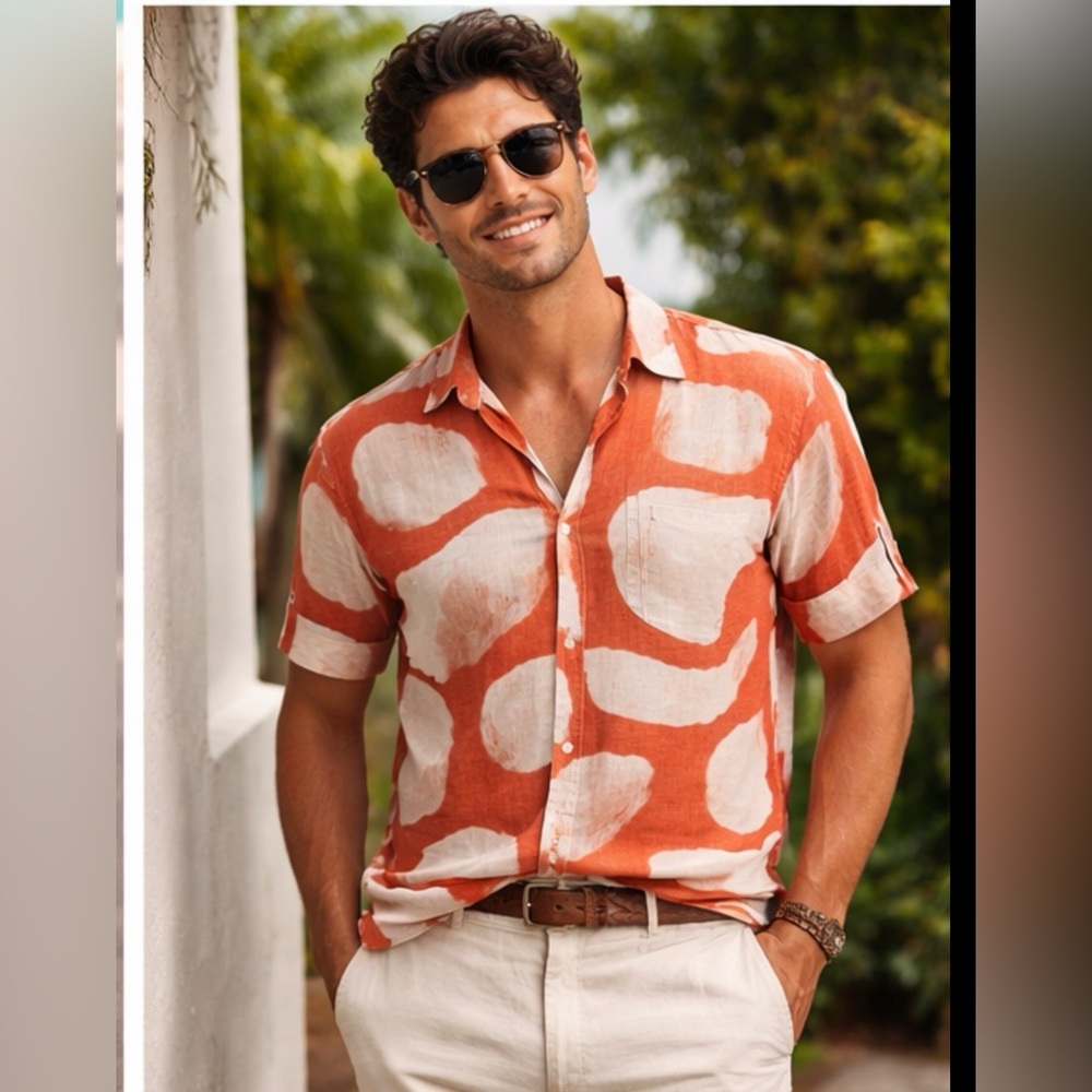 Republic Men Linen Blend Button Down Shirt NWT Orange Abstract Camp Collar M